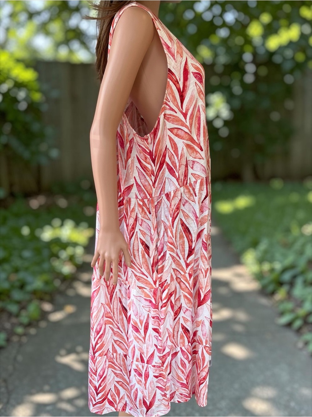 D&Co Beach Linen Blend Tiered Midi Dress 2X Tropical Leaf Print Pockets - Picture 5 of 7